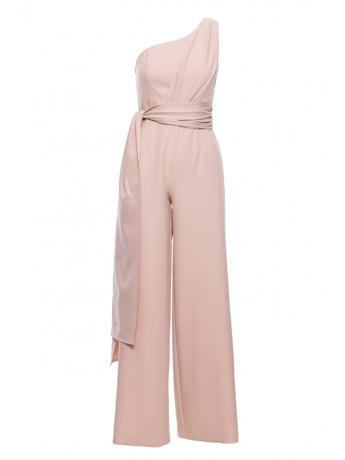 MOE One-Shoulder-Jumpsuit mit gebundenen Schärpen - Hellbeige, S